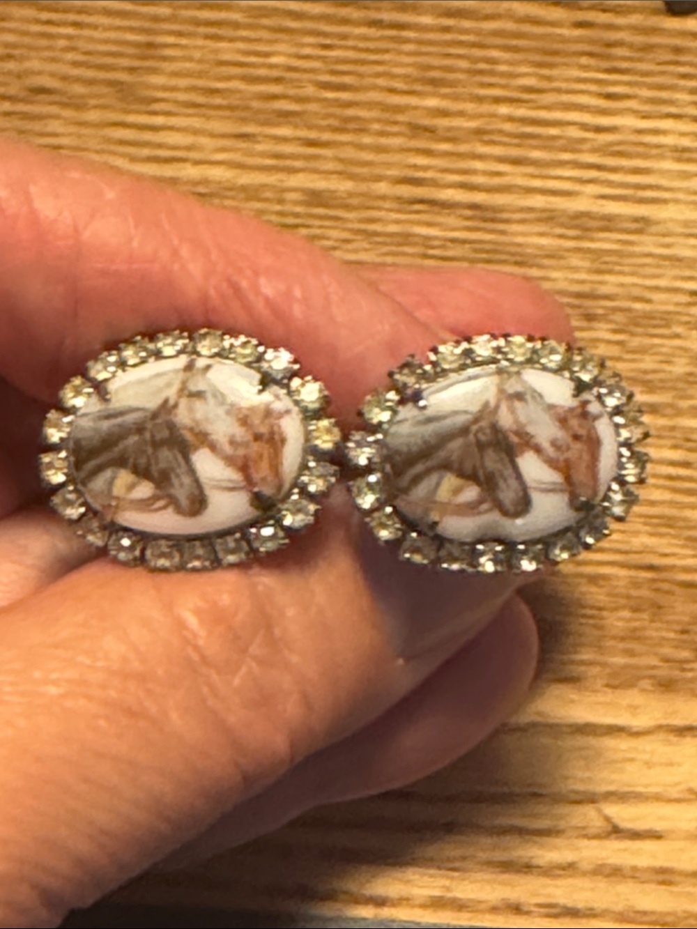 Vintage Silver Tone Rhinestone & Horse Cameo Cufflinks
